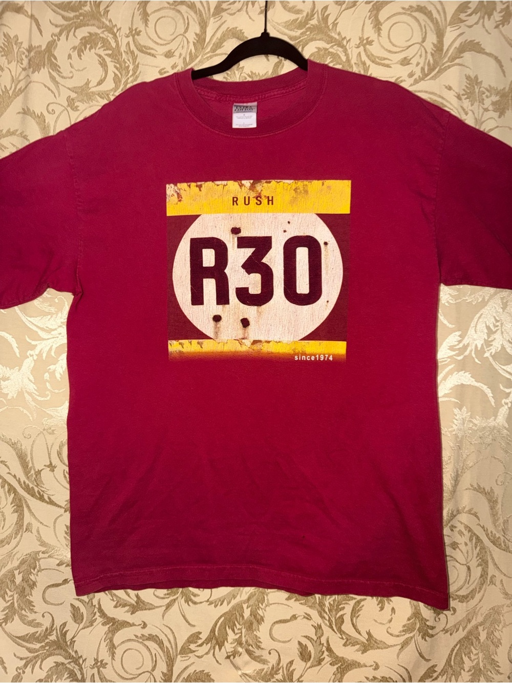 Gildan Burgundy Tee with Yellow and White R30 Graphic